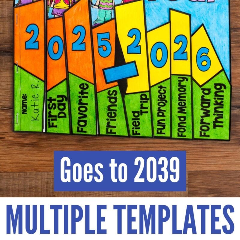 End of Year Memory Flap Book 2 End-of-the-Year Memory Flap Book: Hand-colored, overlapping folder templates labeled 2025 & 2026, with sections like First Day, Favorite, and Forward Thinking. Includes multiple templates—goes up to 2039.