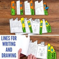 A hand flips through the End-of-the-Year Memory Flap Book—colorful, tabbed, foldable booklets labeled “2025” and “2026,” with sections for writing and drawing about “Favorite Friends,” “Fun Times,” and special memories.