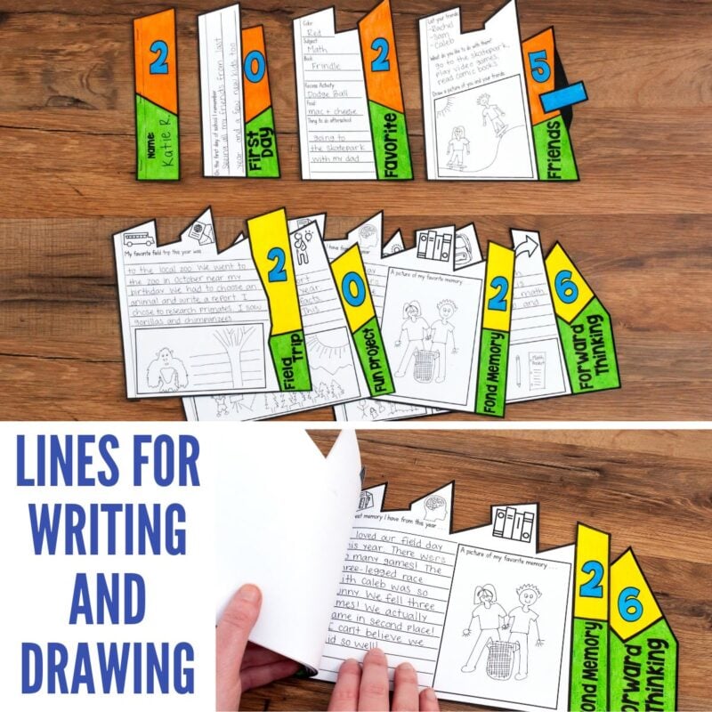 End of Year Memory Flap Book 3 A hand flips through the End-of-the-Year Memory Flap Book—colorful, tabbed, foldable booklets labeled “2025” and “2026,” with sections for writing and drawing about “Favorite Friends,” “Fun Times,” and special memories.