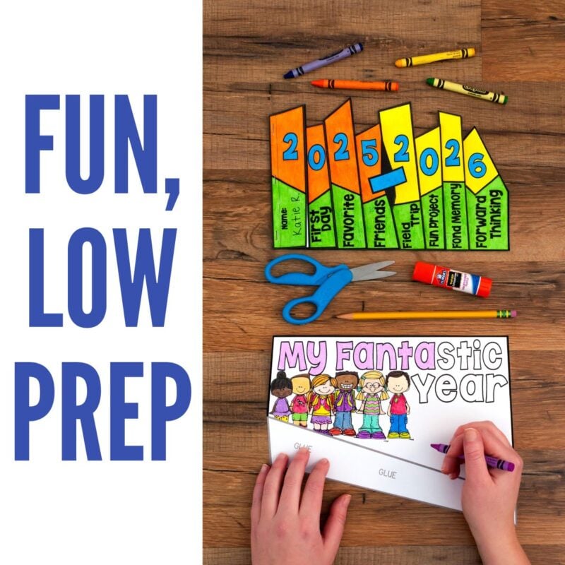 End of Year Memory Flap Book 4 Hands color an End-of-the-Year Memory Flap Book featuring kids on the cover; above are colorful, assembled spines labeled 2023–2026. Scissors and glue stick are nearby. Text reads: Fun, Low Prep.