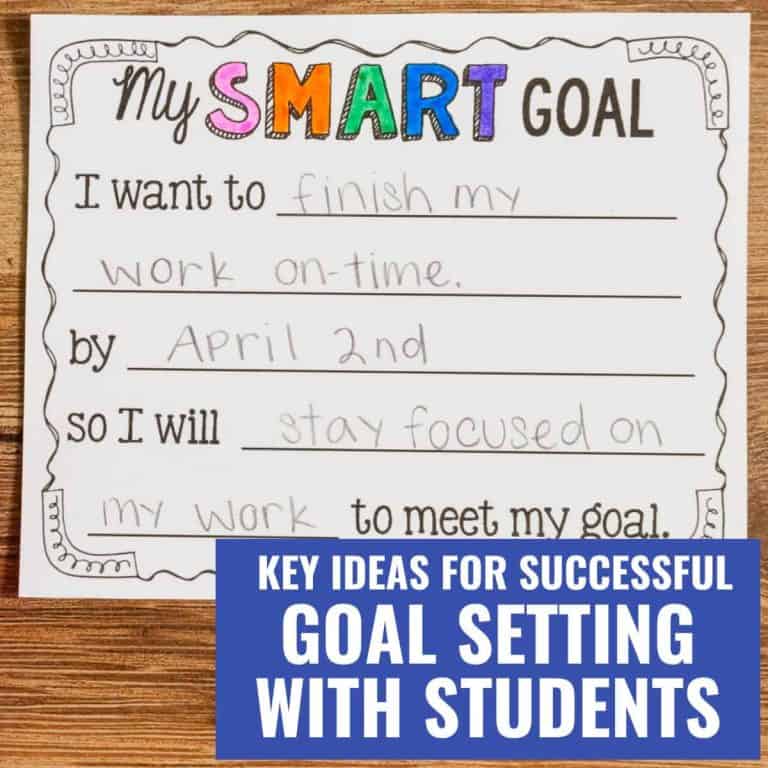 A worksheet titled My SMART Goal is filled in with the goal to finish work on time by April 2nd and to stay focused. A blue box at the bottom highlights Key Ideas for goal setting with students.