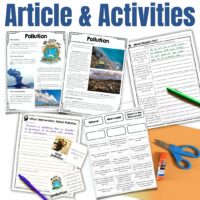 The Pollution Reading Passage and Comprehension Activities includes printed worksheets on pollution with articles, questions, sorting activities, and writing prompts. A glue stick, pencil, and scissors are pictured beside the worksheets.
