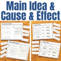 The “Pollution Reading Passage and Comprehension Activities” features four worksheets on a wooden surface, labeled “Main Idea & Details” and “Cause & Effect,” with answer pieces and a bold blue heading: Main Idea & Cause & Effect.