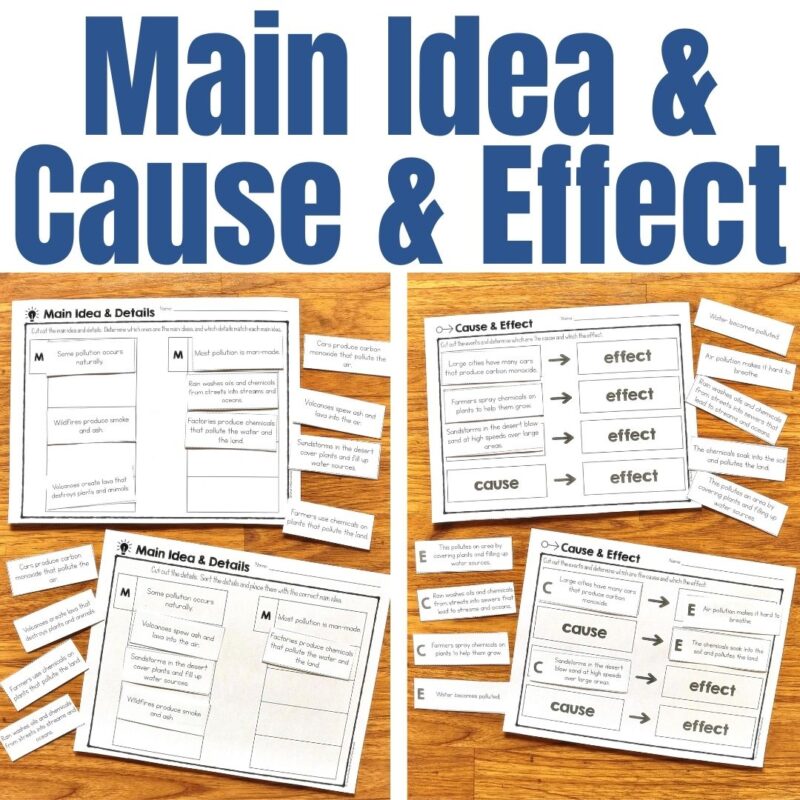Pollution Article & Activities 4_1 The “Pollution Reading Passage and Comprehension Activities” features four worksheets on a wooden surface, labeled “Main Idea & Details” and “Cause & Effect,” with answer pieces and a bold blue heading: Main Idea & Cause & Effect.