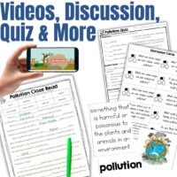 A collage depicts the Pollution Reading Passage and Comprehension Activities, featuring worksheets, a quiz, discussion and vocabulary cards, a cloze reading task, plus a phone showing an animated pollution video. Text reads: “Videos, Discussion, Quiz & More.”.