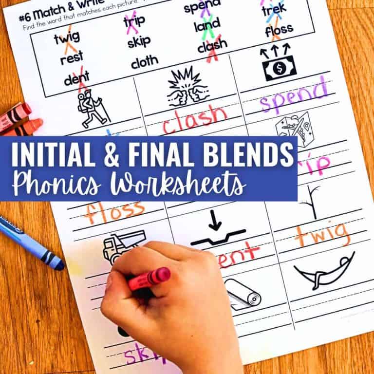 A child colors a Phonics Worksheets page with crayons, focusing on initial and final blends. The worksheet features images and words like clash, spend, twig, and floss to reinforce early reading skills.