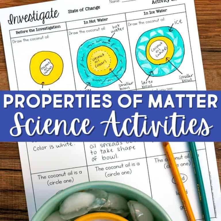 A Properties of Matter worksheet for properties of matter second grade shows drawings of a coconut oil experiment with arrows and labels. Pencils and a bowl of ice water sit on a wooden table, and a blue banner partially covers the worksheet.