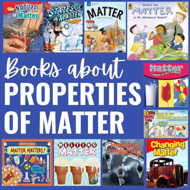 A collage of states of matter books for children, featuring colorful covers with illustrations of ice cream, raindrops, kids, and objects changing states. Text in the center reads Books About Properties of Matter.