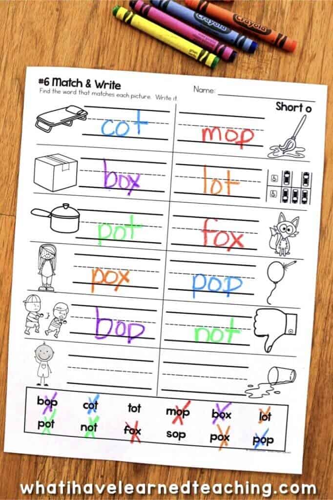 Are you ready for some new phonics activities? These Short O Phonics Worksheets give students practice reading and writing short o CVC words. In this teaching resource, there are 18 different phonics worksheet templates with multiple pages for each template to accommodate all of the short o CVC words taught in kindergarten and first grade. This is a great no-prep printable for kindergarten word work centers. #kindergartenworksheets #shortoworksheets #phonicsworksheets #phonicsprintables