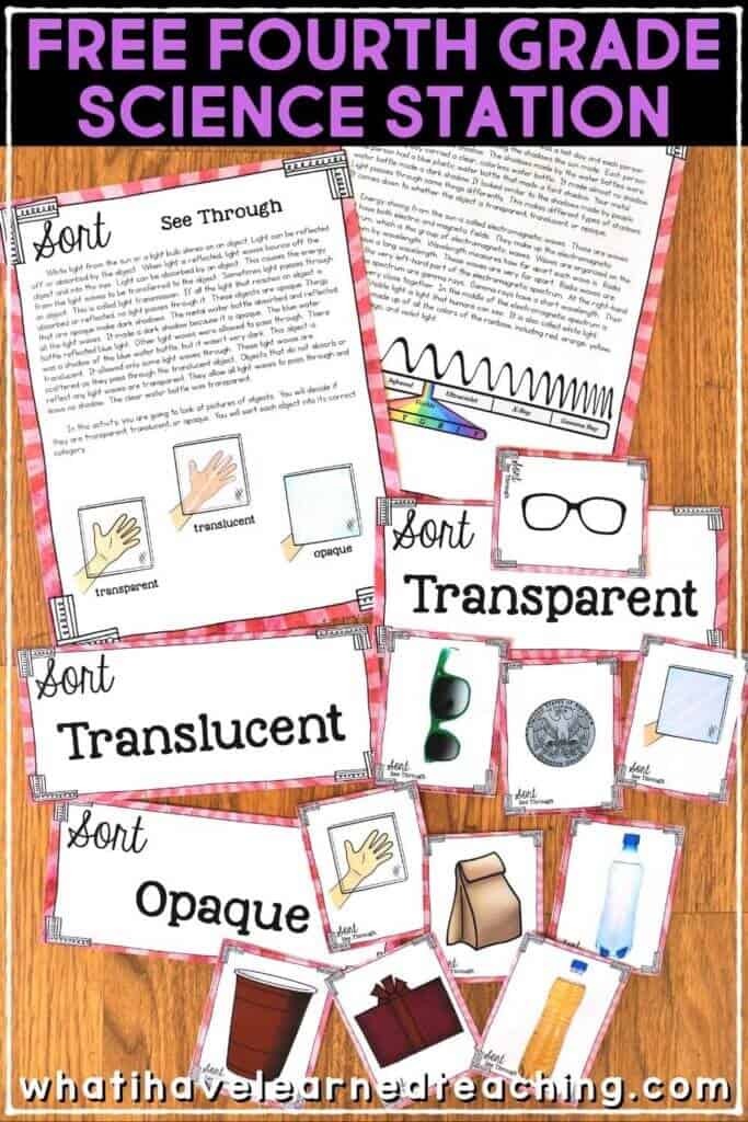 Free Science Sorting Activity for 2nd, 3rd, 4th and 5th Grades 31 Would you like a FREE fourth-grade science station that follows the Next Generation Science Standards? This FREE NGSS 4th grade science station is all about how our eyes see images that are transparent, opaque and translucent. Included is a reading passage, sorting cards, a cut and paste sort, as well as four different differentiated ways to respond to the activity. #NGSSsciencestations #fourthgradengss #fourthgradesciencestation