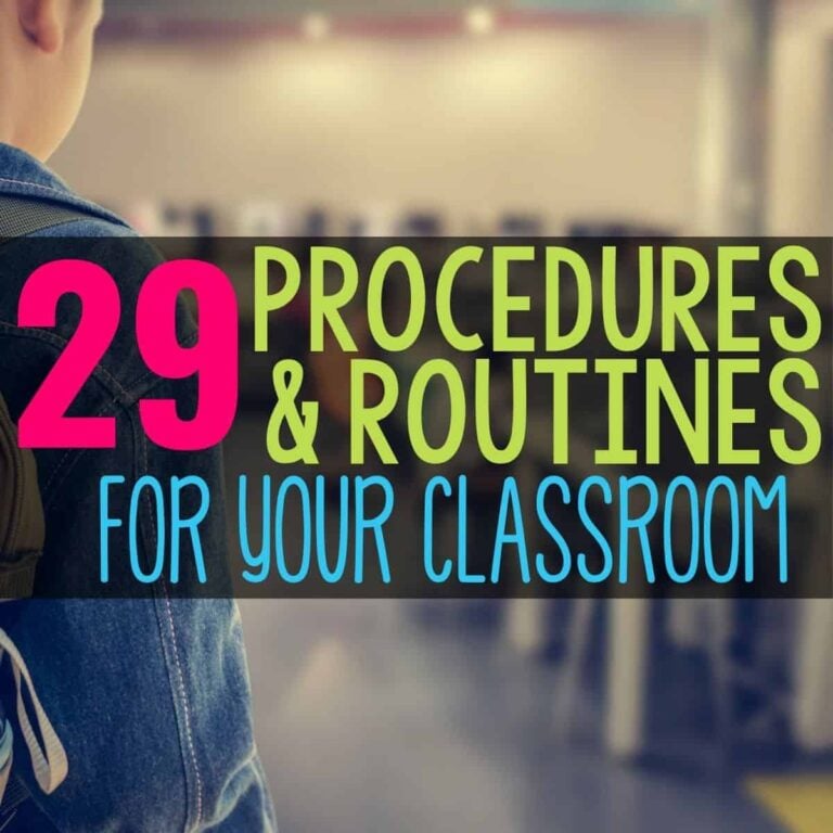 Text on image reads: 29 procedures and routines for your classroom. Background shows a person with a backpack in a blurred indoor setting.