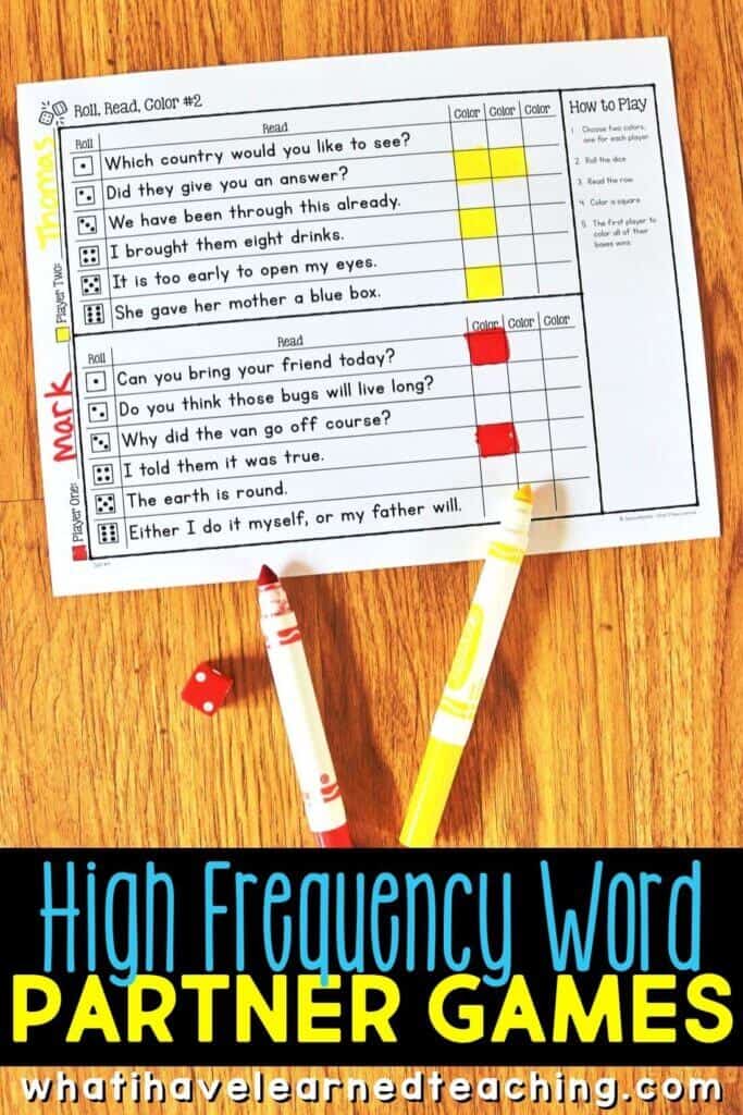 Are you in search of sight word games for your first grade, second grade, and third grade classroom? In these high frequency partner games, two students read, write and have fun practicing their sight words. Words are included at five different levels and include irregularly spelled words that are nondecodable. This is a perfect literacy center for your sight words stations! #partnergames #highfrequencywords #sightword #sightwordgames
