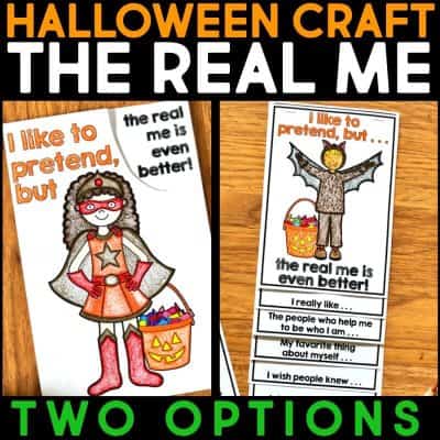 A fun Halloween craft for elementary students to complete during the month of October. The Real Me helps students write and draw about themselves through a variety of writing prompts. Students reflect on what makes them feel scared, how they feel safe, and who helps them. The craft comes with over 47 different Halloween costumes. Students can choose their own pictures! #halloweencraftivity #halloweencraft #growthmindset