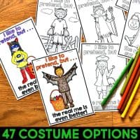 A fun Halloween craft for elementary students to complete during the month of October. The Real Me helps students write and draw about themselves through a variety of writing prompts. Students reflect on what makes them feel scared, how they feel safe, and who helps them. The craft comes with over 47 different Halloween costumes. Students can choose their own pictures! #halloweencraftivity #halloweencraft #growthmindset