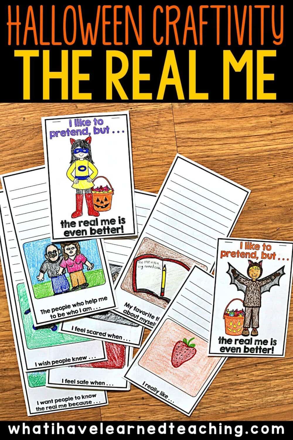 The Real Me Halloween Craftivity1 A fun Halloween craft for elementary students to complete during the month of October. The Real Me helps students write and draw about themselves through a variety of writing prompts. Students reflect on what makes them feel scared, how they feel safe, and who helps them. The craft comes with over 47 different Halloween costumes. Students can choose their own pictures! #halloweencraftivity #halloweencraft #growthmindset
