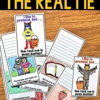 A fun Halloween craft for elementary students to complete during the month of October. The Real Me helps students write and draw about themselves through a variety of writing prompts. Students reflect on what makes them feel scared, how they feel safe, and who helps them. The craft comes with over 47 different Halloween costumes. Students can choose their own pictures! #halloweencraftivity #halloweencraft #growthmindset