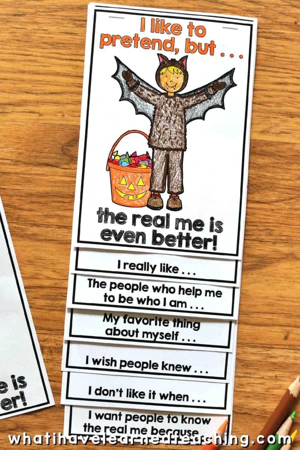 The Real Me Halloween Craftivity4 A fun Halloween craft for elementary students to complete during the month of October. The Real Me helps students write and draw about themselves through a variety of writing prompts. Students reflect on what makes them feel scared, how they feel safe, and who helps them. The craft comes with over 47 different Halloween costumes. Students can choose their own pictures! #halloweencraftivity #halloweencraft #growthmindset