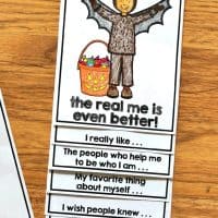 A fun Halloween craft for elementary students to complete during the month of October. The Real Me helps students write and draw about themselves through a variety of writing prompts. Students reflect on what makes them feel scared, how they feel safe, and who helps them. The craft comes with over 47 different Halloween costumes. Students can choose their own pictures! #halloweencraftivity #halloweencraft #growthmindset