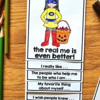 A fun Halloween craft for elementary students to complete during the month of October. The Real Me helps students write and draw about themselves through a variety of writing prompts. Students reflect on what makes them feel scared, how they feel safe, and who helps them. The craft comes with over 47 different Halloween costumes. Students can choose their own pictures! #halloweencraftivity #halloweencraft #growthmindset
