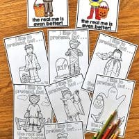 A fun Halloween craft for elementary students to complete during the month of October. The Real Me helps students write and draw about themselves through a variety of writing prompts. Students reflect on what makes them feel scared, how they feel safe, and who helps them. The craft comes with over 47 different Halloween costumes. Students can choose their own pictures! #halloweencraftivity #halloweencraft #growthmindset