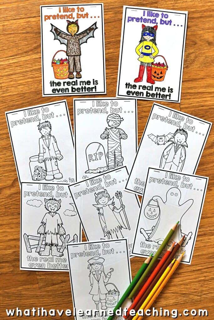 A fun Halloween craft for elementary students to complete during the month of October. The Real Me helps students write and draw about themselves through a variety of writing prompts. Students reflect on what makes them feel scared, how they feel safe, and who helps them. The craft comes with over 47 different Halloween costumes. Students can choose their own pictures! #halloweencraftivity #halloweencraft #growthmindset