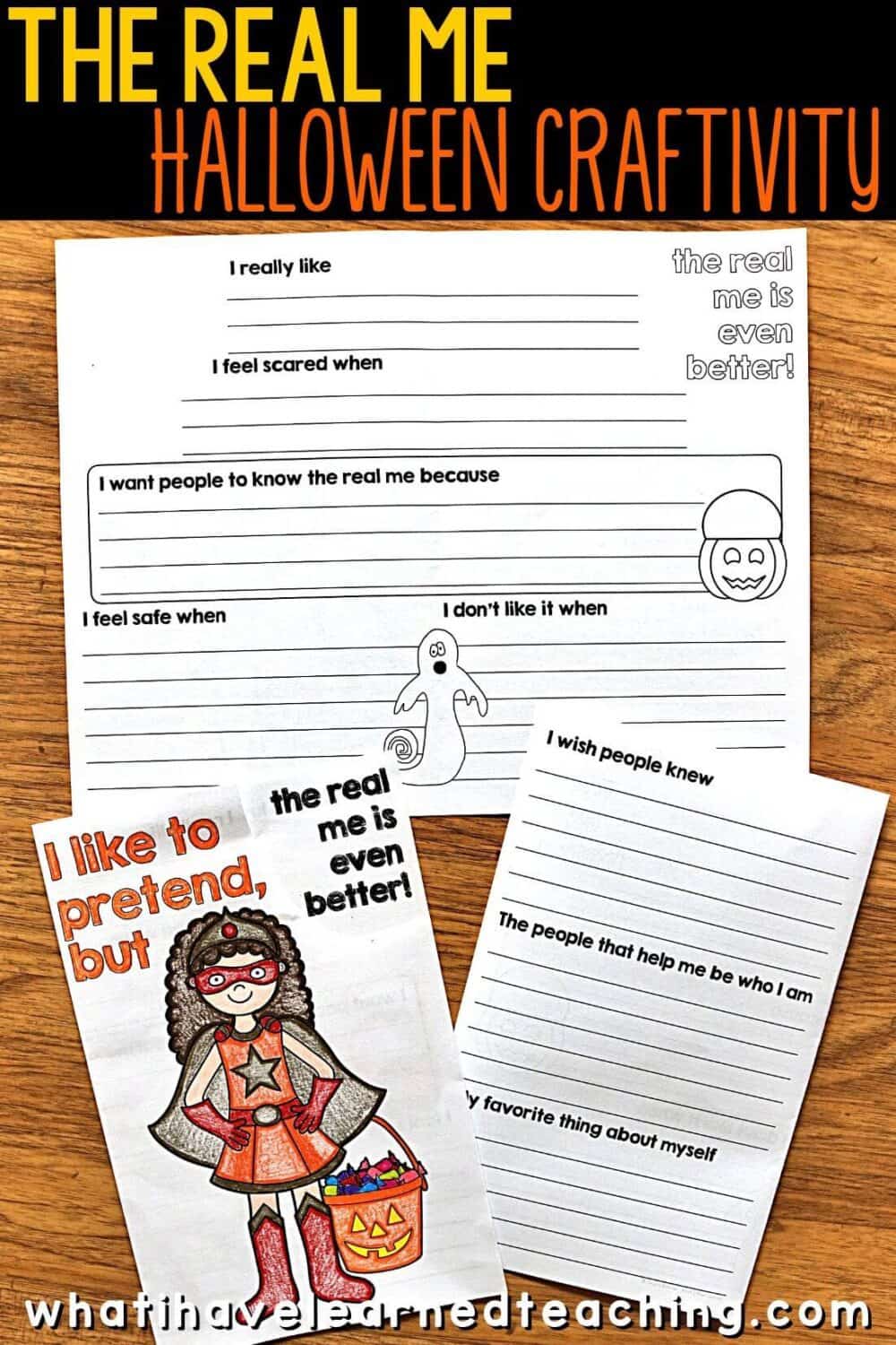 The Real Me Halloween Craftivity8 A fun Halloween craft for elementary students to complete during the month of October. The Real Me helps students write and draw about themselves through a variety of writing prompts. Students reflect on what makes them feel scared, how they feel safe, and who helps them. The craft comes with over 47 different Halloween costumes. Students can choose their own pictures! #halloweencraftivity #halloweencraft #growthmindset