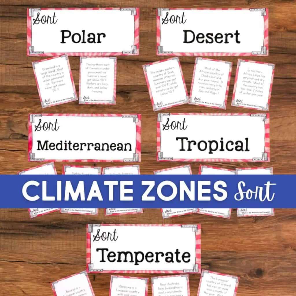 A Climate Zone Sorting set featuring labeled cards for Polar, Desert, Mediterranean, Tropical, and Temperate zones, displayed on a wooden background with sorting cards for each category.