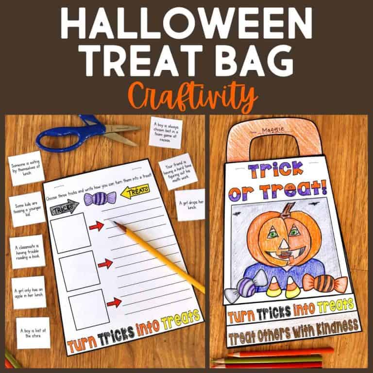 A Halloween Treat Bag craft activity is shown. Supplies and a printable kindness craft sheet with prompts and a bag template are on a table. The finished, colored bag says “Trick or Treat!” with pumpkin and candy illustrations.