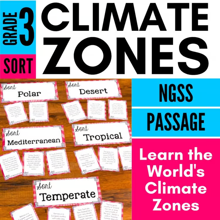 Image titled &ldquo;Grade 3 Climate Zones&rdquo; features colorful cards for Polar, Desert, Mediterranean, Tropical, and Temperate. NGSS Passage included. Explore world climate zones with a fun climate zone sorting activity.