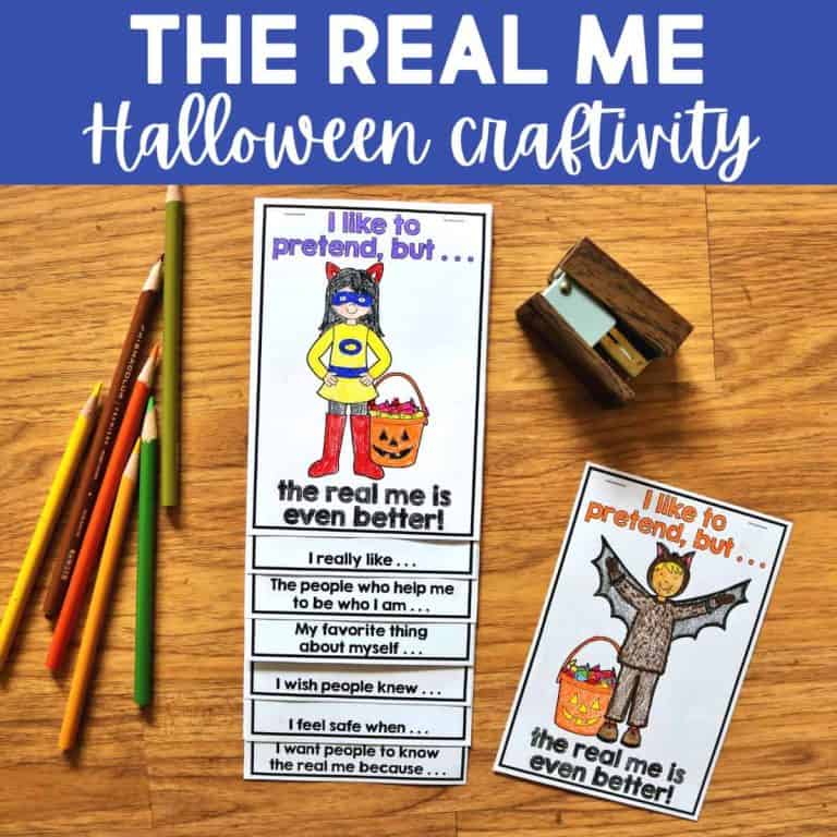 Two Halloween Craft activities for kids showcase drawings of children in costumes with fill-in-the-blank prompts about their true selves. Colored pencils and a sharpener rest on a wooden table. Text above reads, The Real Me Halloween Craftivity.