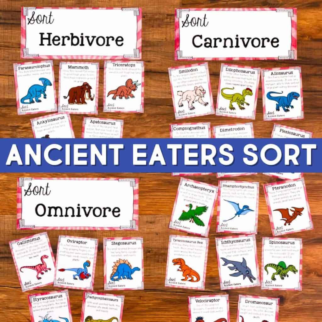 Three groups of illustrated dinosaur cards labeled Herbivore, Carnivore, and Omnivore are sorted on a wooden surface, with a blue banner reading Ancient Animals Sort across the middle.