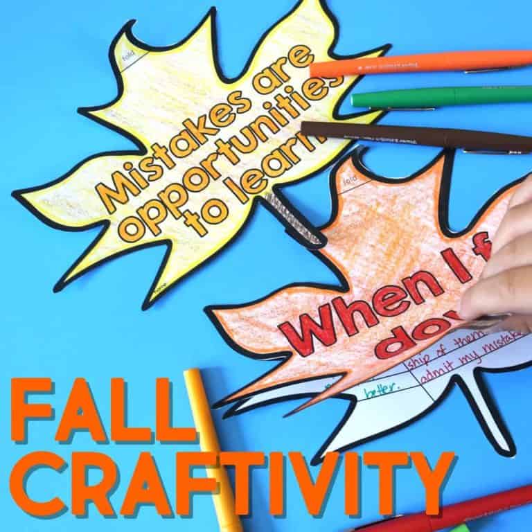 Two paper leaves, one yellow and one orange, each with inspirational text (“Mistakes are opportunities to learn” and “When I fail, I…”). Colorful markers and a child’s hand are also visible. Text reads: FALL LEAVES CRAFTIVITY.