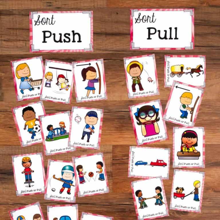 A wooden surface displays two labeled sections, Push or Pull Sorting, each with illustrated cards showing push and pull examples, such as children pushing a swing or pulling a wagon.