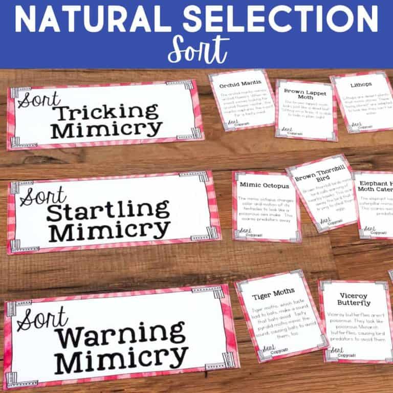 A classroom activity titled Natural Selection Sort uses the Mimicry Card Sort to help students learn about types of mimicry, sorting animal description cards under Tricking Mimicry, Startling Mimicry, and Warning Mimicry categories.