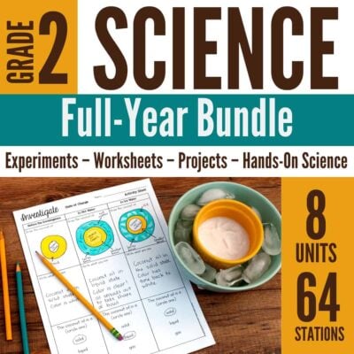 The cover of the Second Grade Science Stations BUNDLE shows an ice melting experiment with a pencil and bowls. It highlights 8 units, 64 stations, and various included activity types.