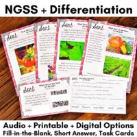Five Plants Grow Differentiated worksheets on a wooden surface offer audio, printable, and digital options. Activities include plant parts and growth exploration with fill-in-the-blank, short answer, and task card formats.