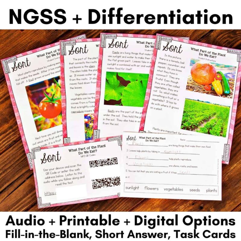 Plants grow differentiated Five Plants Grow Differentiated worksheets on a wooden surface offer audio, printable, and digital options. Activities include plant parts and growth exploration with fill-in-the-blank, short answer, and task card formats.
