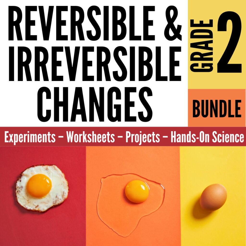 Physical Science for Elementary Students: 2nd–5th Grade Guide 35 Cover image for "Reversible and Irreversible Changes - Second Grade Science Stations," showing text plus three pictures: a fried egg, a cracked raw egg, and a whole egg on colorful backgrounds.