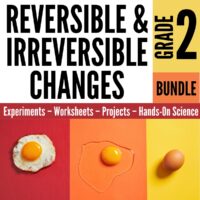Cover image for "Reversible and Irreversible Changes - Second Grade Science Stations," showing text plus three pictures: a fried egg, a cracked raw egg, and a whole egg on colorful backgrounds.