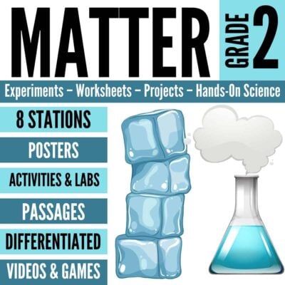 Structure and Properties of Matter - Second Grade Science Stations features images of ice cubes and a beaker with vapor, 8 stations, posters, activities, passages, differentiated materials, videos, and games for experiments and science projects.