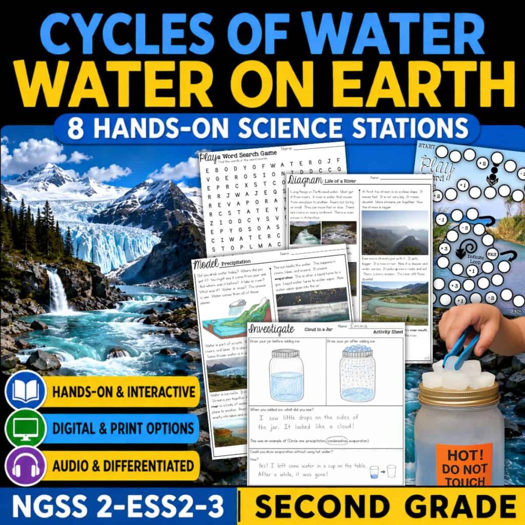 15 Fun Easter Science Experiments & Activities for Your Classroom 8 Educational graphic titled "Water on Earth 2nd Grade," featuring waterfalls, worksheets, a water jar experiment, and icons for hands-on, digital, audio activities, plus NGSS 2-ESS2-3 standards for second grade science.