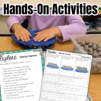 A second grader presses on a blue plate over clay balls, modeling a glacier. Two activity sheets from Water on Earth Activities provide illustrated, step-by-step Earth science instructions. Text says "Hands-On Activities.
