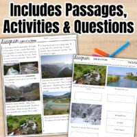 Water on Earth Passages includes two worksheet pages titled “Diagram Life of a River” with passages, activity boxes, river photos, and questions. Perfect for second grade science lessons about water on Earth. Colored pencils shown nearby.