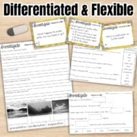 A set of differentiated science worksheets titled Water on Earth Questions, featuring fill-in-the-blank questions, water cycle vocabulary matching, open-ended prompts, and images for sorting cloud-related vocabulary. Text reads: Differentiated & Flexible.