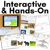 A collage featuring the “plants grow interactive” game, plant and animal worksheets, cut-and-paste activities, and diagrams on pollinators and plant growth, all under the bold title “Interactive & Hands-On.”.