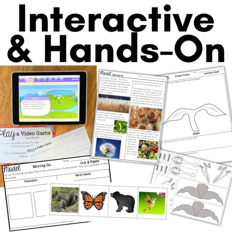 plants grow interactive A collage featuring the “plants grow interactive” game, plant and animal worksheets, cut-and-paste activities, and diagrams on pollinators and plant growth, all under the bold title “Interactive & Hands-On.”.