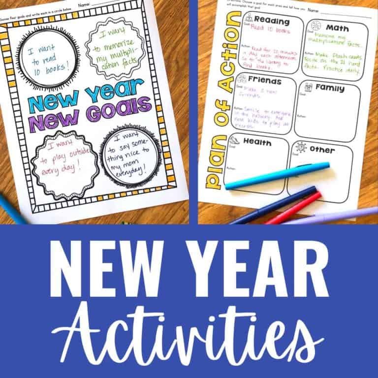 Two colorful worksheets for kids: perfect new year activities for students! One titled New Year New Goals with handwritten goals, and another Plan of Action with sections for Reading, Math, Friends, Family, Health, and more. Pens lie nearby.