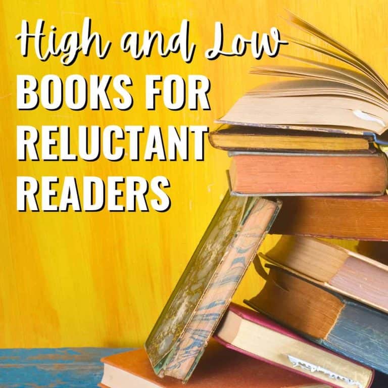 A stack of old books sits against a yellow background. Text over the image reads, High and Low Books for Reluctant Readers—perfect choices when searching for books for reluctant readers.