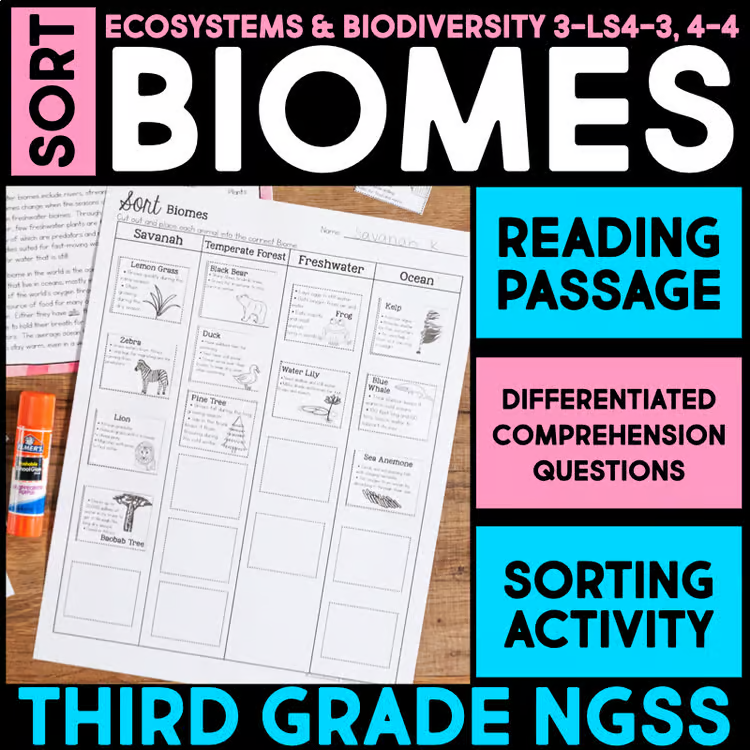 Animals in Biomes Activity: Sort Plants & Animals (3rd Grade) 5 The image worksheet "Sort Biomes" has columns for Savannah, Temperate Forest, Freshwater, and Ocean to organize animals and plants. It includes reading passages, comprehension questions, and aligns with third grade NGSS.