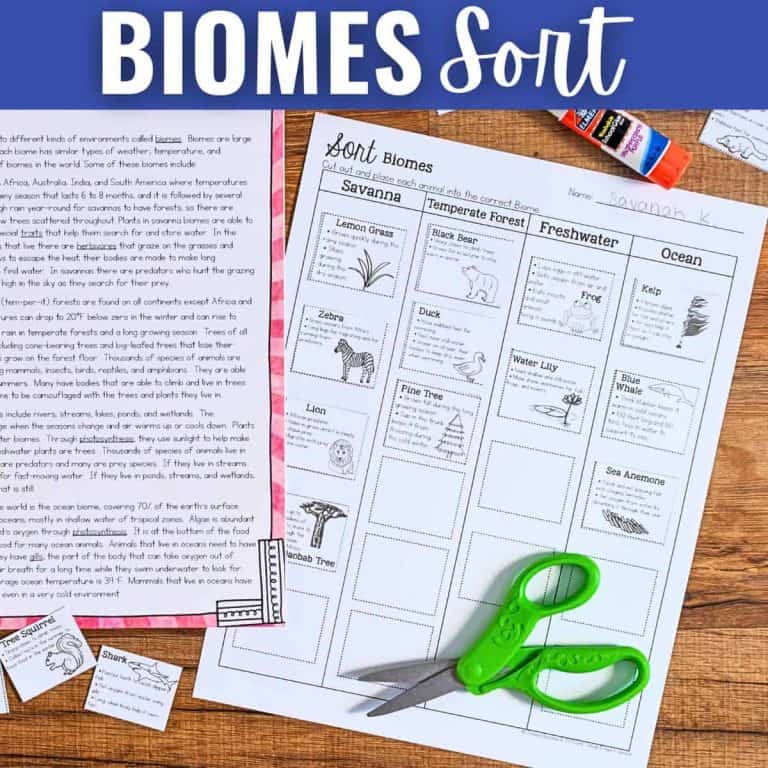 A worksheet titled Sort Animals and Plants into Biomes features animal and plant cut-outs, a green pair of scissors, and a glue stick on a wooden table. An instruction sheet and student name box are also visible.